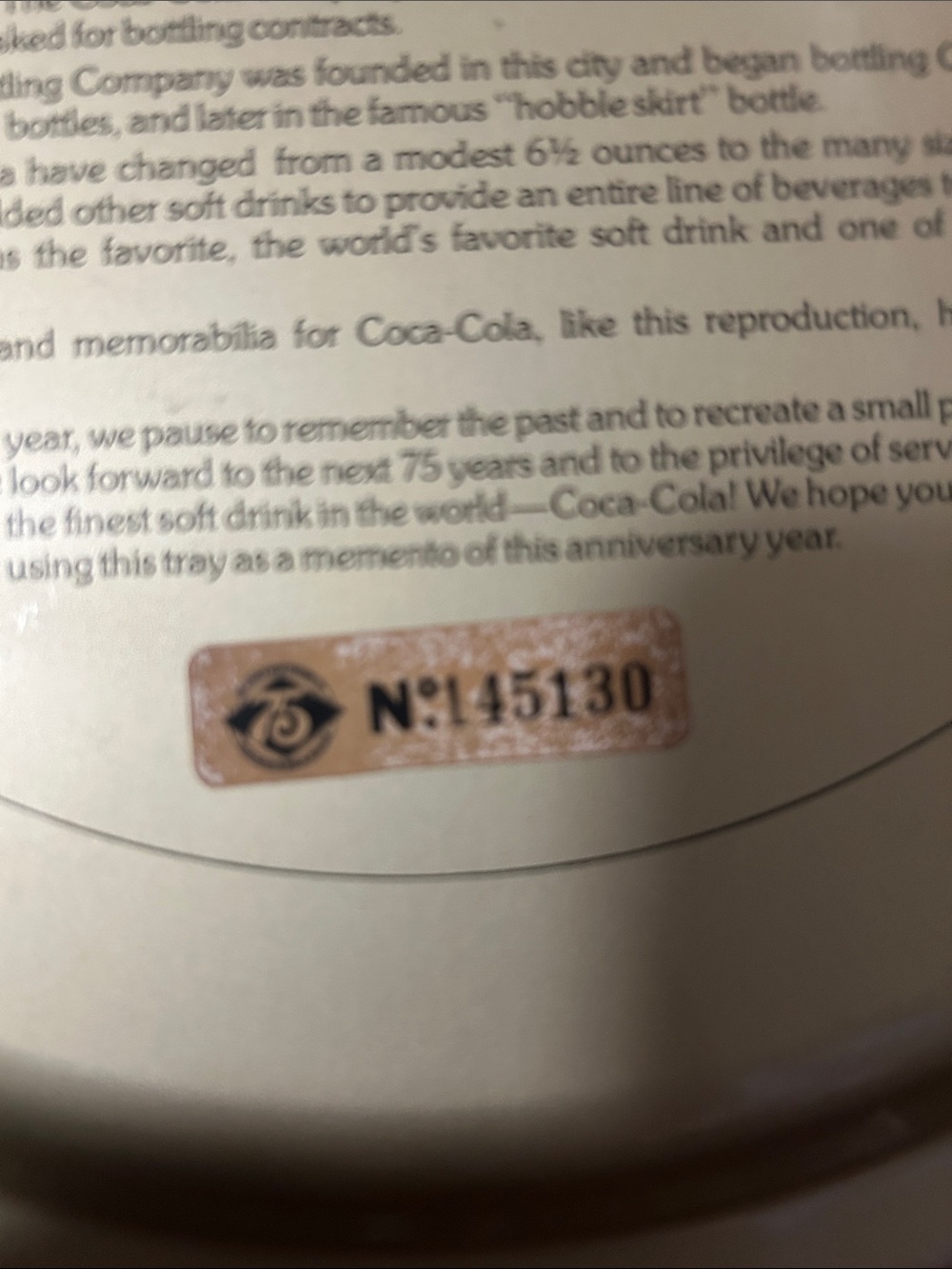 Vintage 75th anniversary Coca-Cola Round Tray — Yellow, Red, Cream, Blue - Picture 3 of 4